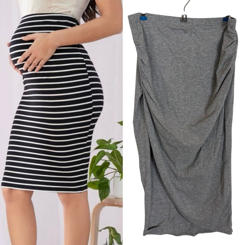 Set of 2 Shein Gray and Black/White Striped Maternity Midi Skirts Women’s Small